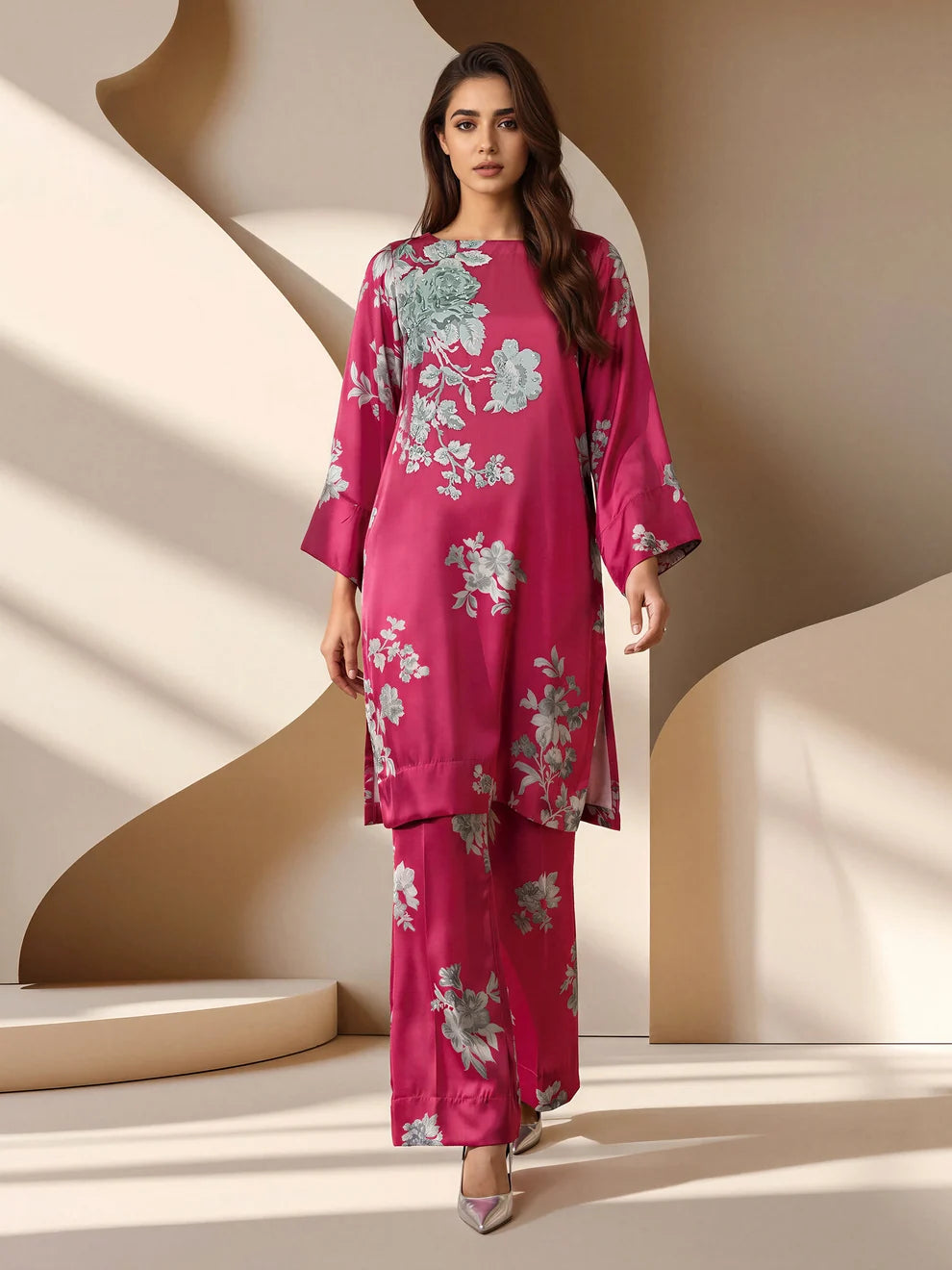 Limelight Pink Floral Printed Silk Embroidered 2-Piece Suit