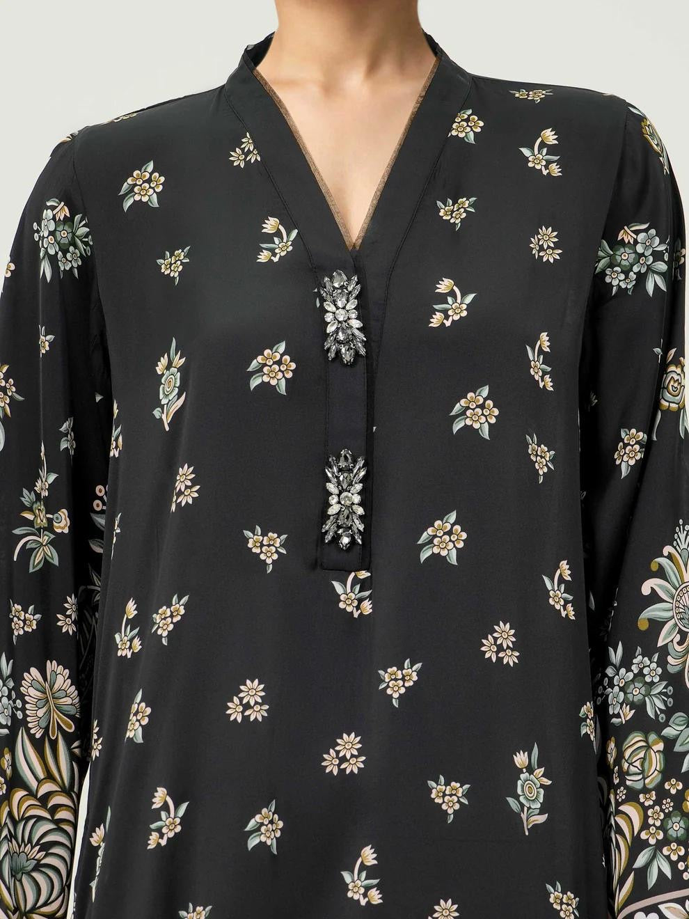 Limelight Black Silk Shirt with V-Neckline & Embellished Brooch Placket Flowy Printed Long Top