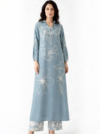 Limelight 2 Piece Set - Sky Blue Silk Shirt with Flowy Collared V-neck & Wide-leg Trousers with Elastic Waistband