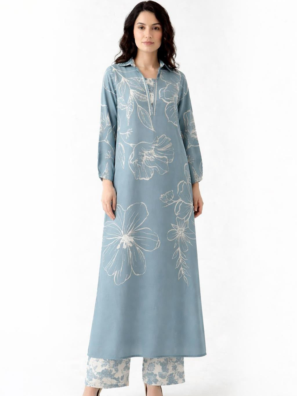 Limelight 2 Piece Set - Sky Blue Silk Shirt with Flowy Collared V-neck & Wide-leg Trousers with Elastic Waistband