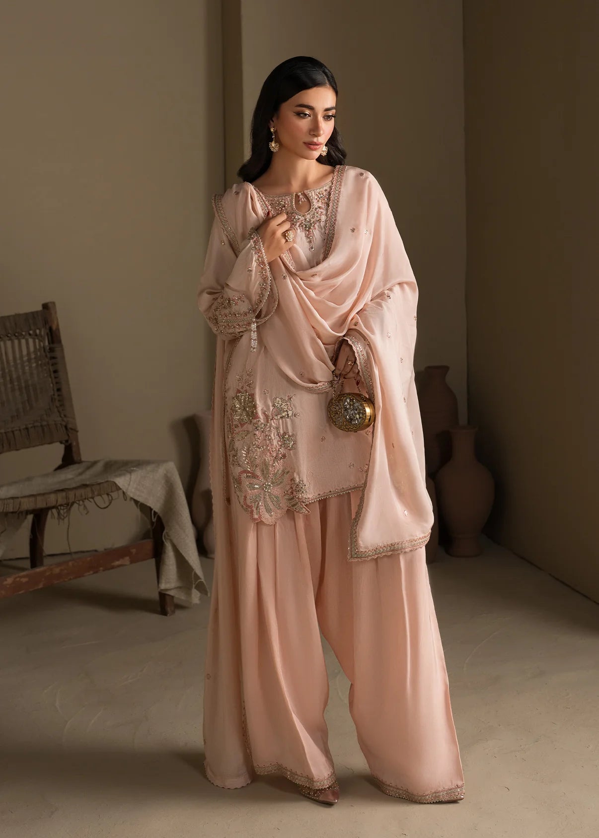 Peach Embroidered Raw Silk Short Kurta with Farshi Shalwar & Silk Dupatta