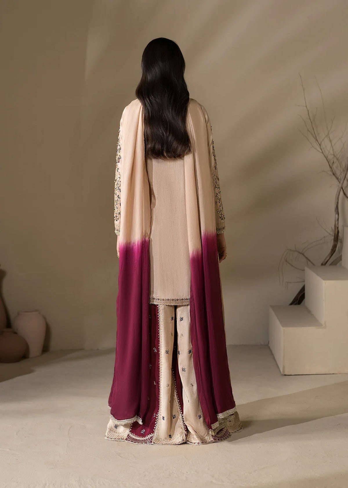 Embroidered Shirt with Two-Toned Sharara & Medium Silk Dupatta – Heavy Embroidery & Embellished 3-Piece Ensemble