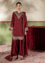 Maroon Raw Silk Embroidered Farshi Shalwar 3-Piece Suit