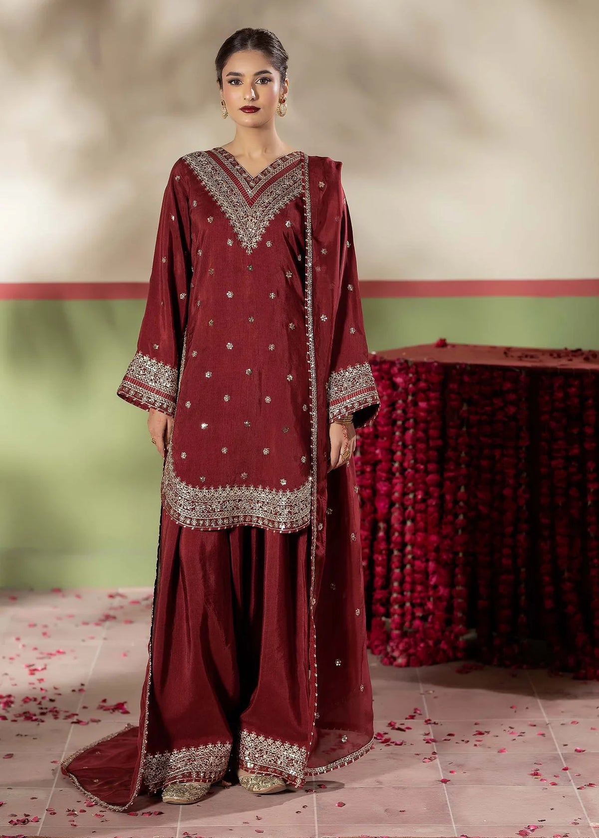 Maroon Raw Silk Embroidered Farshi Shalwar 3-Piece Suit
