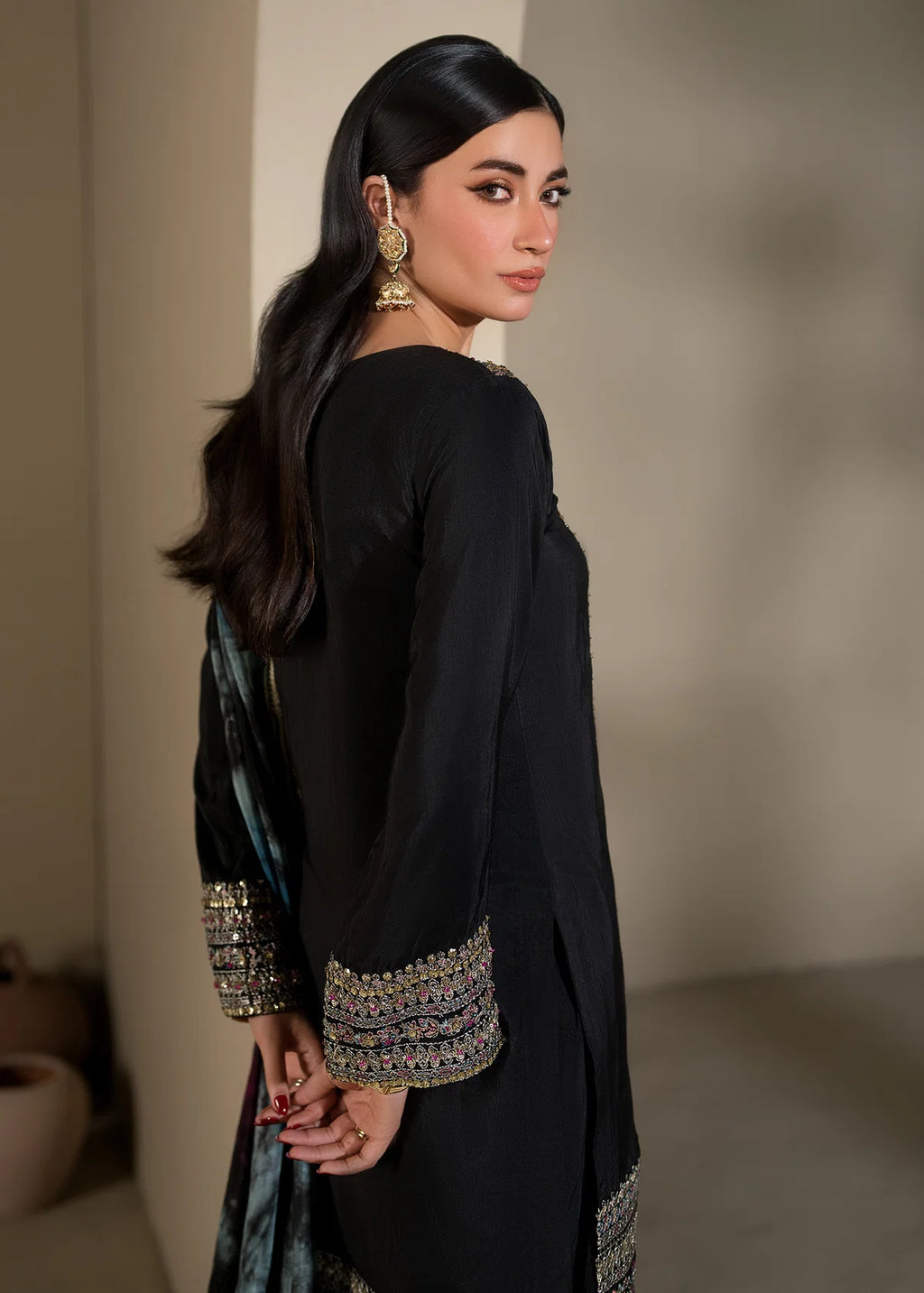 3 piece Black Short Shirt & Farshi Shalwar with Tie-Dye Medium Silk Dupatta – Heavy Embroidery & Embellished Ensemble