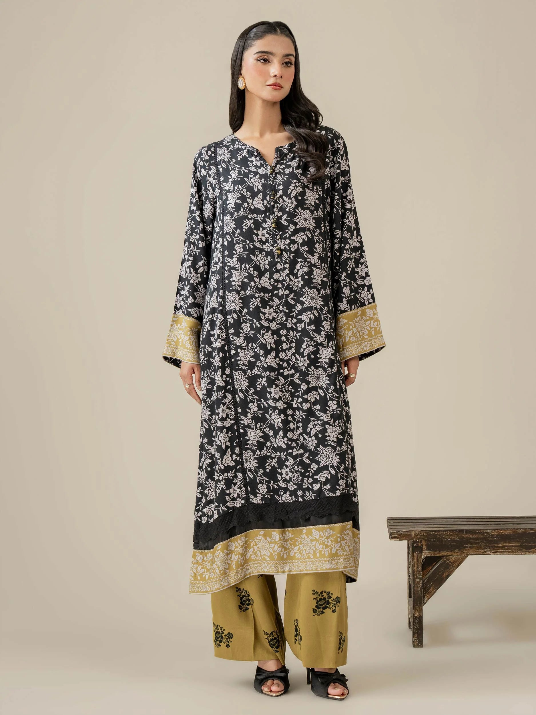 Limelight Black Stone Linen 2-Piece Suit – Printed Embroidered Shirt & Wide-Leg Trousers | Pakistani Clothes
