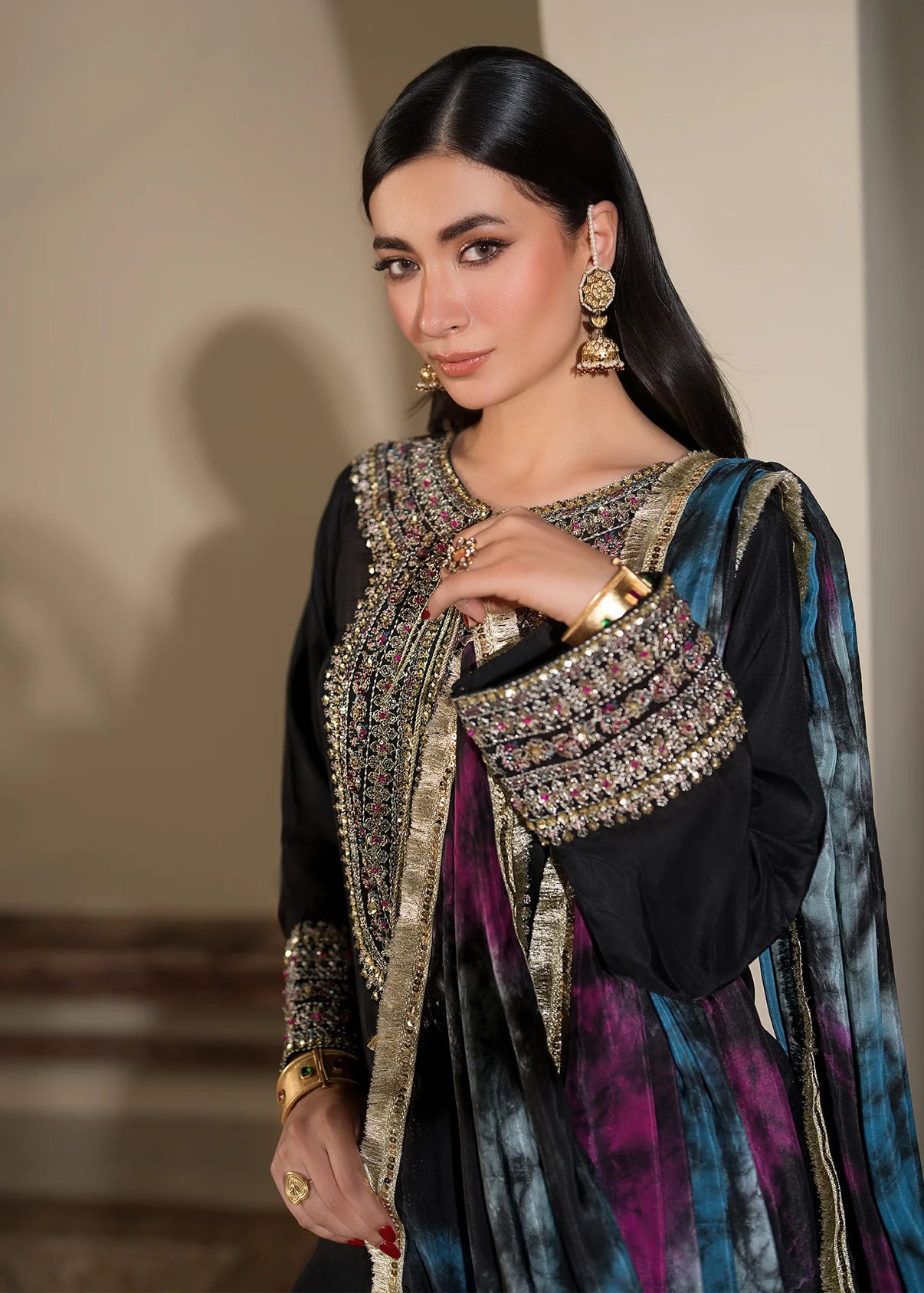 3 piece Black Short Shirt & Farshi Shalwar with Tie-Dye Medium Silk Dupatta – Heavy Embroidery & Embellished Ensemble