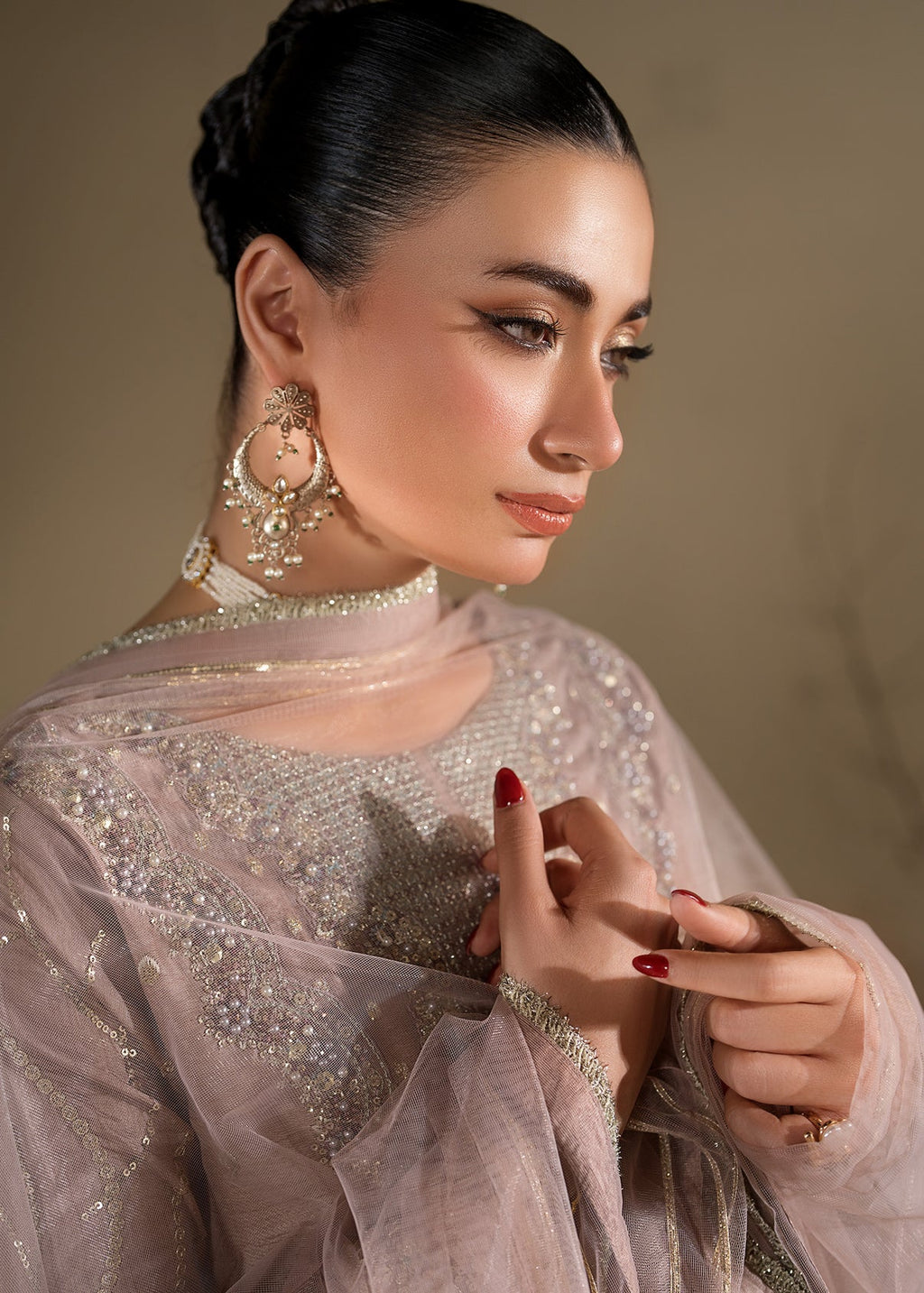 Lilac Embroidered 3-Piece Suit – KH Raw Silk Kurta, Flared Trouser & Net Dupatta