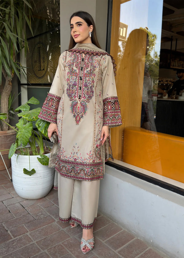 Beige Embroidered 3 Piece Lawn Suit with Trouser  & Organza Dupatta