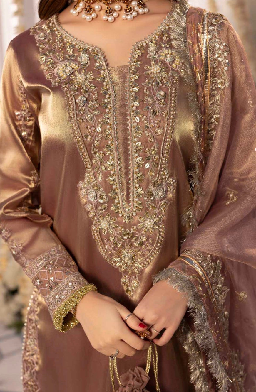 Mesouri Sequin & Resham Embroidered Rose Gold Gharara Luxury Ensemble