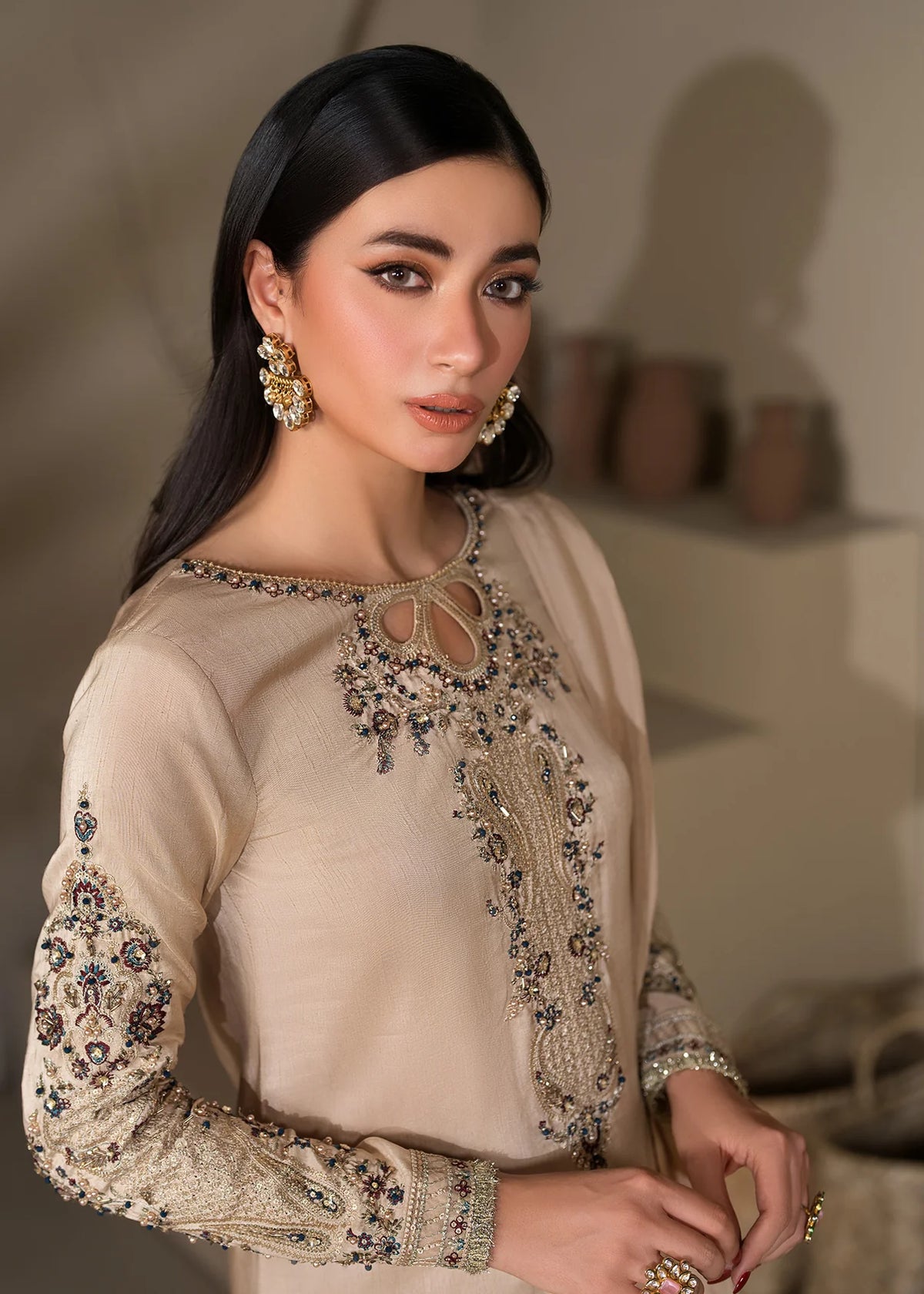Embroidered Shirt with Two-Toned Sharara & Medium Silk Dupatta – Heavy Embroidery & Embellished 3-Piece Ensemble