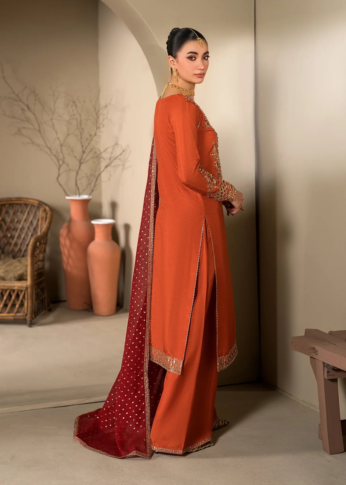 3 pc Long Kurta & Flared Trouser Set with Bindi Chiffon Dupatta – Heavy Embroidery & Embellishment Rust Korean Raw Silk