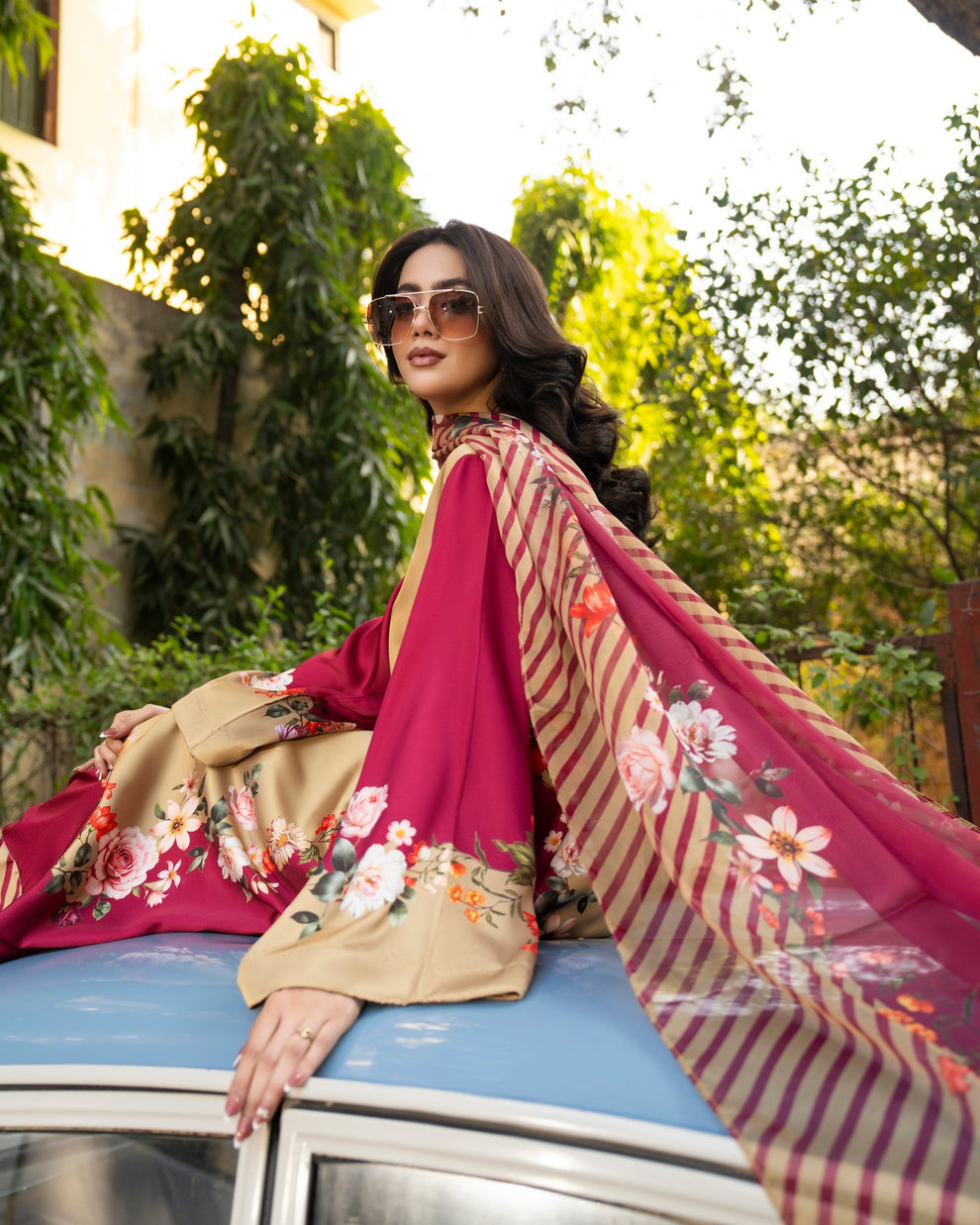Karma 3 piece Kaftan Beige & Maroon Printed Silk 3PC Suit – Elegant Long Shirt with Dupatta & Trouser Inner included