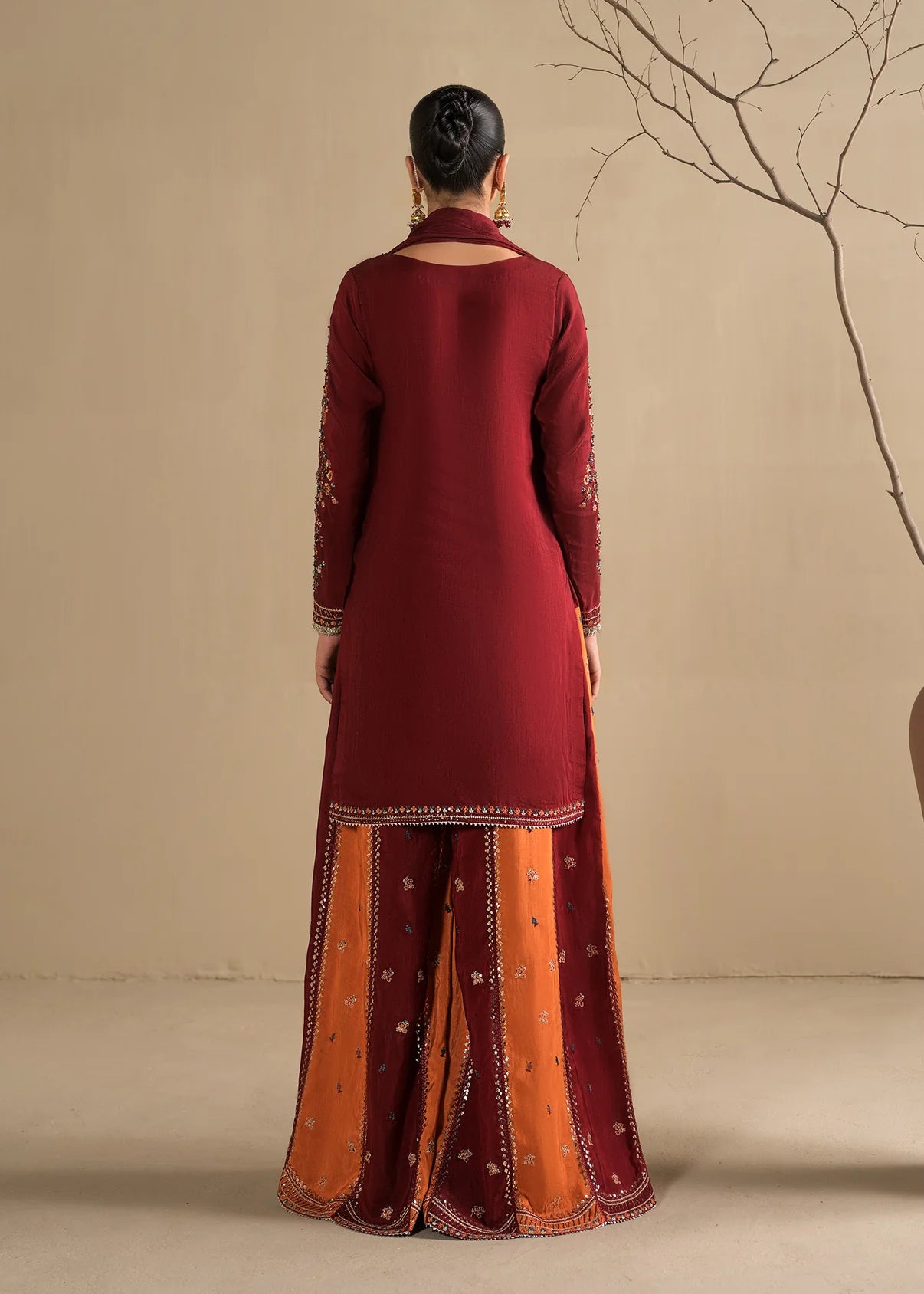 Embroidered Shirt with Two-Toned Sharara & Medium Silk Dupatta – Heavy Embroidery & Embellished 3-Piece Ensemble