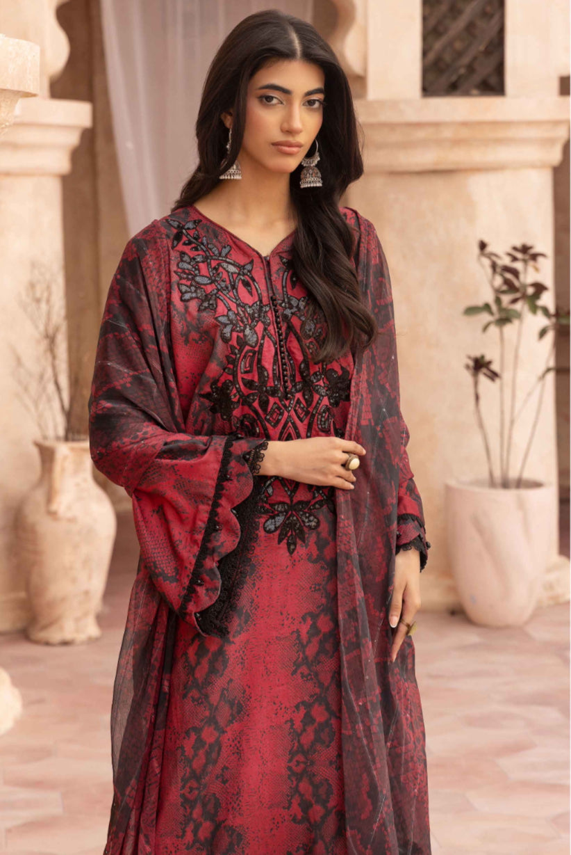 Simrans Maria B Inspired Viscose Silk – Red & Black Printed Ensemble with Embroidered Neckline