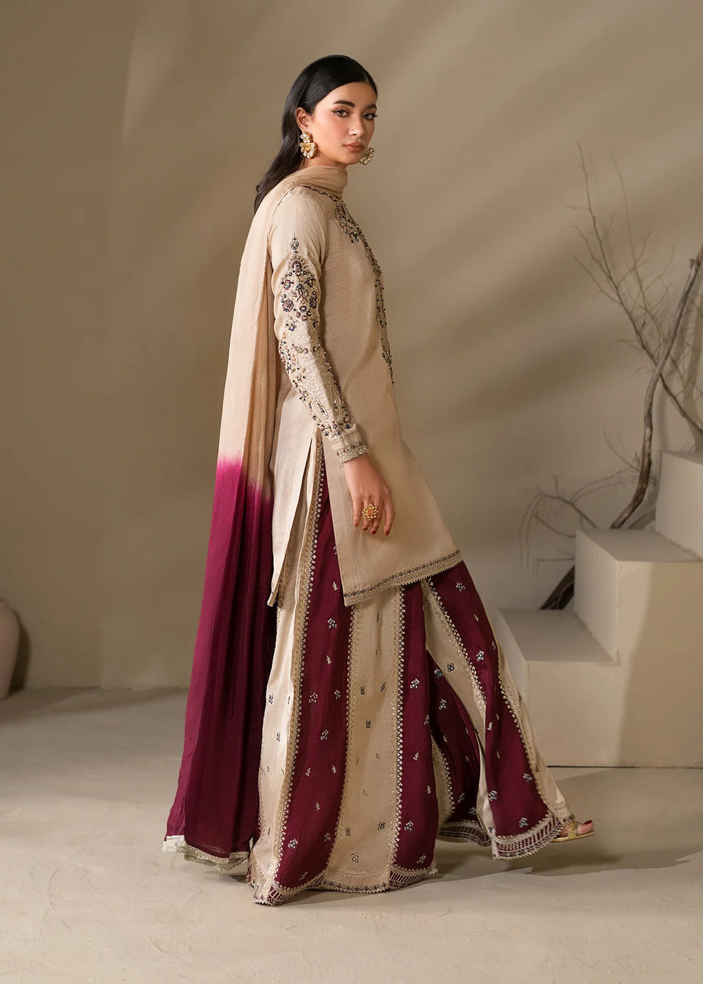 Embroidered Shirt with Two-Toned Sharara & Medium Silk Dupatta – Heavy Embroidery & Embellished 3-Piece Ensemble