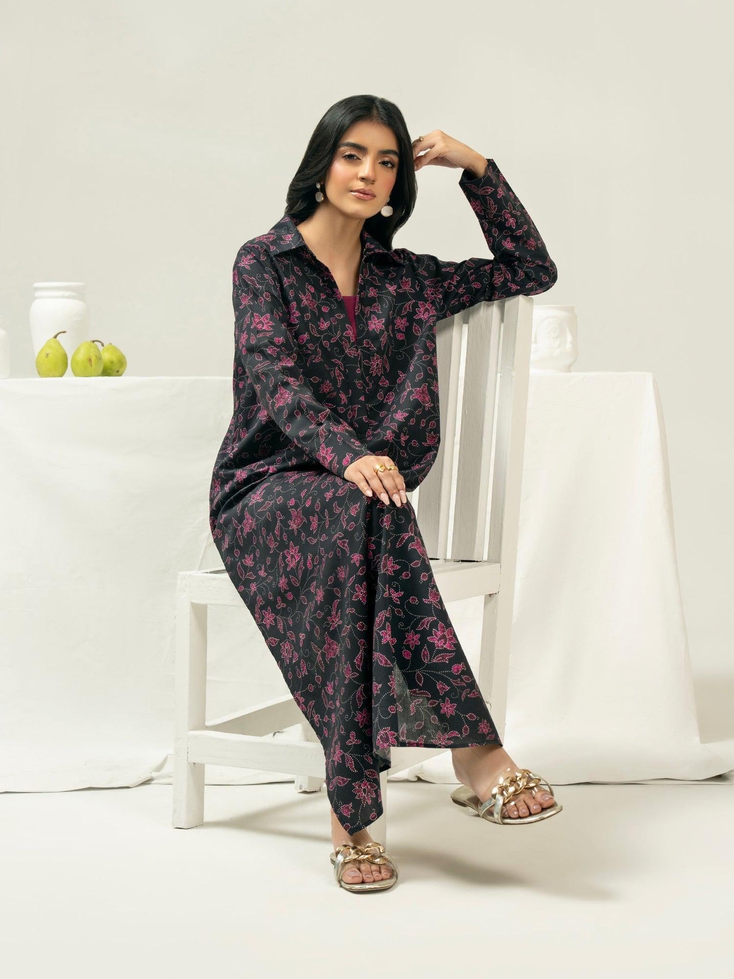 Limelight 2 Piece Set - Black Printed Viscose Cotton Shirt & Narrow-leg Trousers with Elastic Waistband