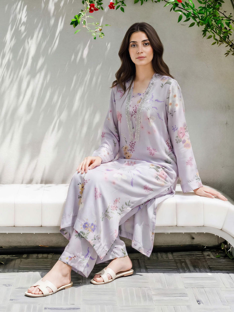 Limelight Lilac Printed Silk 2-Piece Suit with Embroidered Neckline