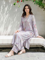 Limelight Lilac Printed Silk 2-Piece Suit with Embroidered Neckline