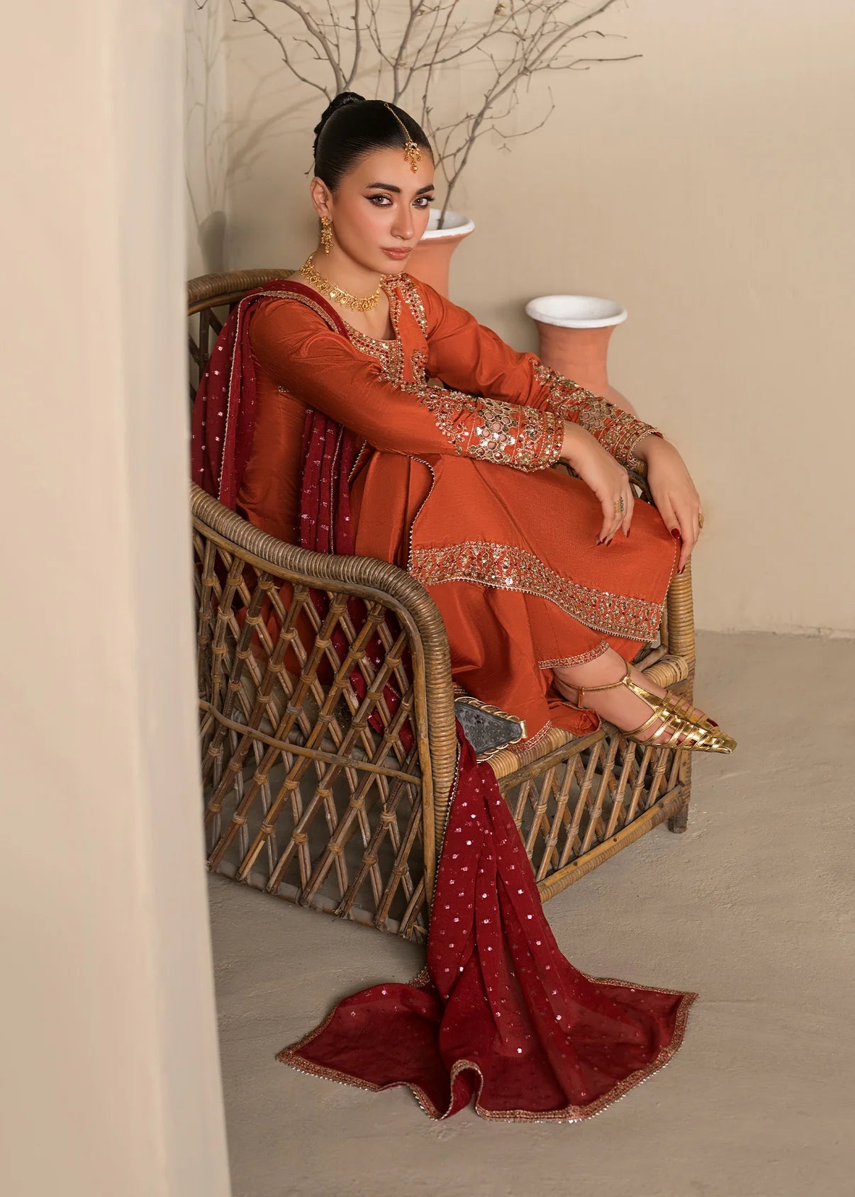 3 pc Long Kurta & Flared Trouser Set with Bindi Chiffon Dupatta – Heavy Embroidery & Embellishment Rust Korean Raw Silk