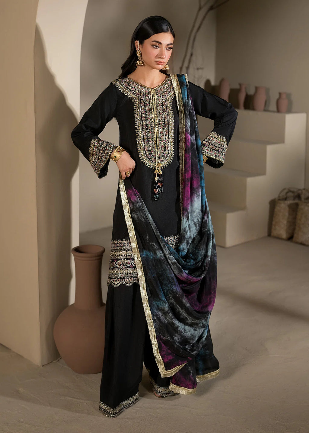 3 piece Black Short Shirt & Farshi Shalwar with Tie-Dye Medium Silk Dupatta – Heavy Embroidery & Embellished Ensemble
