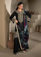 3 piece Black Short Shirt & Farshi Shalwar with Tie-Dye Medium Silk Dupatta – Heavy Embroidery & Embellished Ensemble