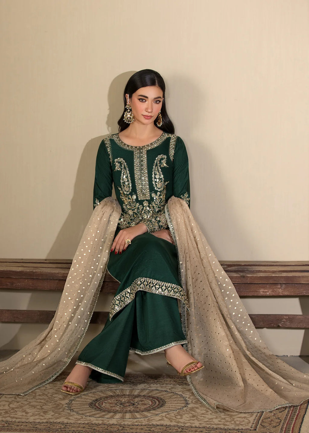 3 pc Long Kurta & Flared Trouser Set with Bindi Chiffon Dupatta – Heavy Embroidery & Embellishment Green Korean Raw Silk