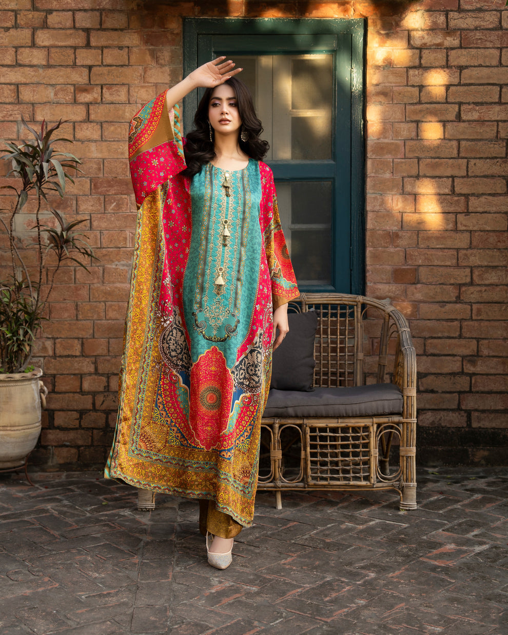 Karma 3 piece Kaftan Eliana Vibrant Printed Shamoz Silk 3PC Suit – Elegant Long Shirt with Dupatta & Trouser
Inner included