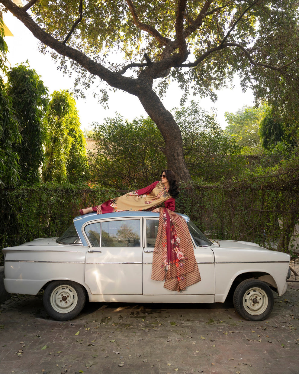 Karma 3 piece Kaftan Beige & Maroon Printed Silk 3PC Suit – Elegant Long Shirt with Dupatta & Trouser Inner included