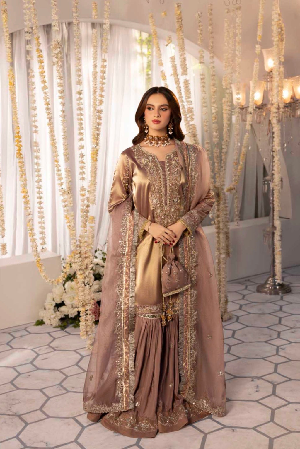 Mesouri Sequin & Resham Embroidered Rose Gold Gharara Luxury Ensemble