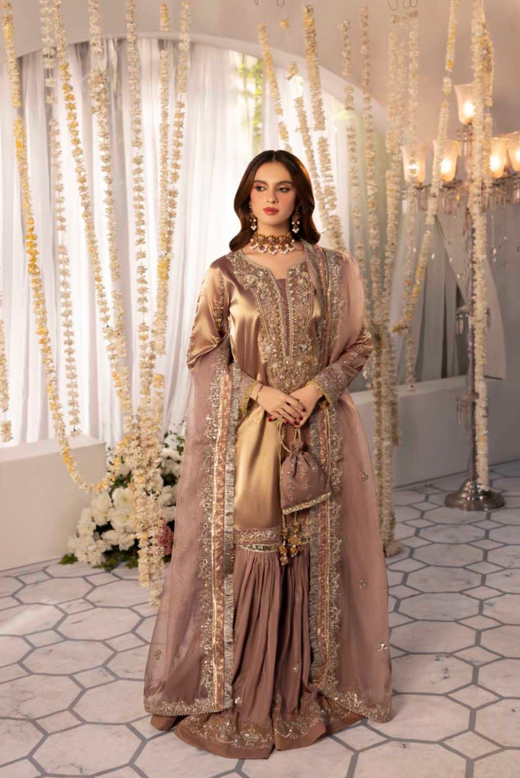 Mesouri Sequin & Resham Embroidered Rose Gold Gharara Luxury Ensemble