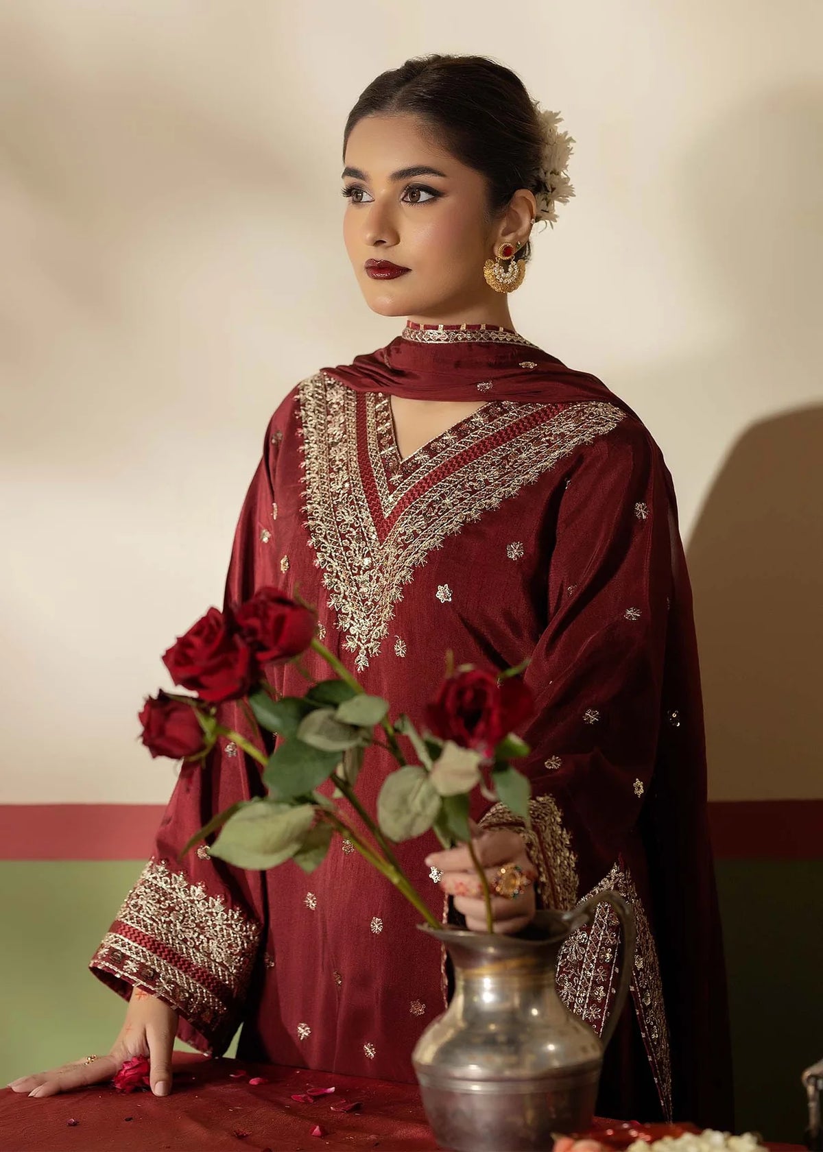 Maroon Raw Silk Embroidered Farshi Shalwar 3-Piece Suit