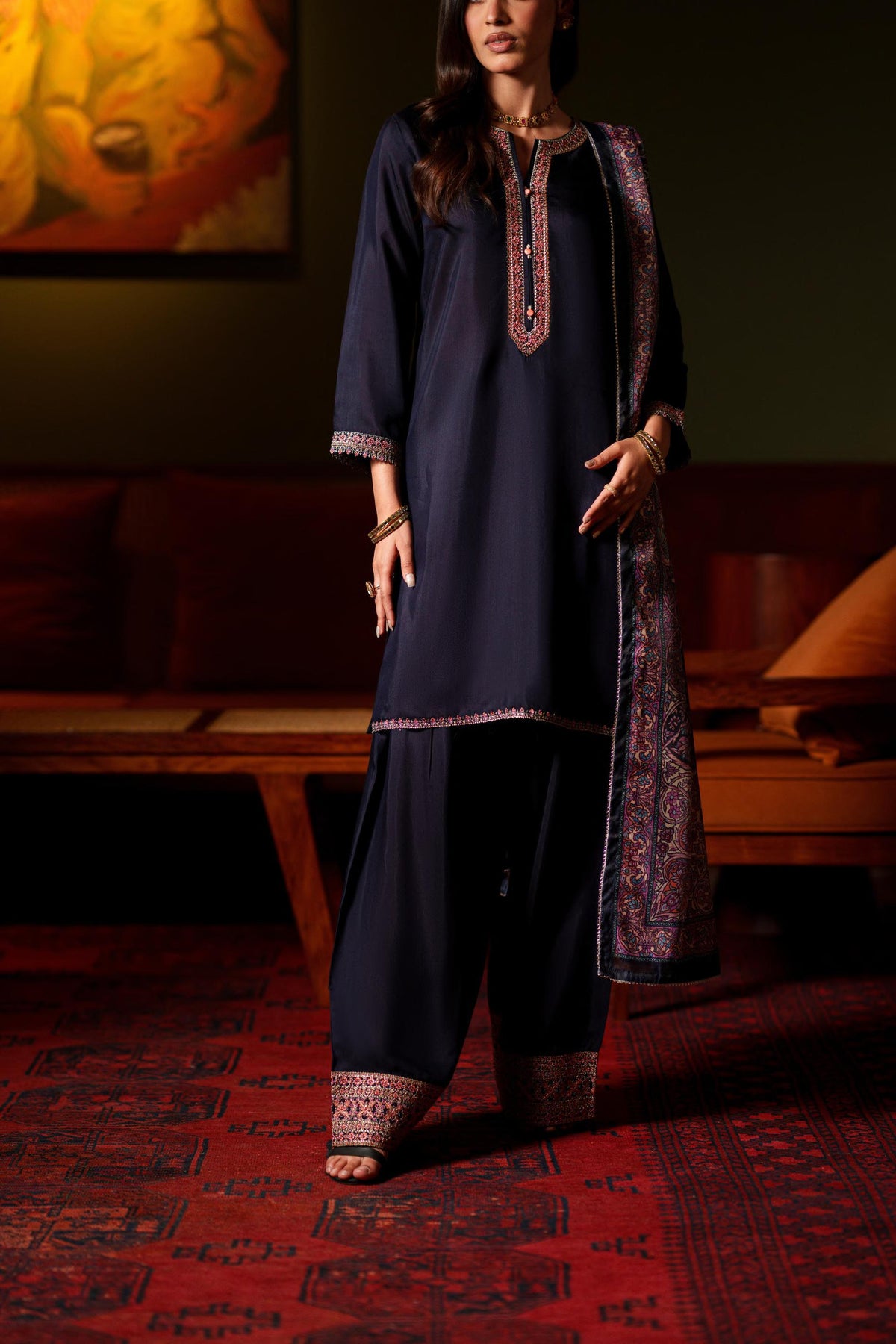 Casual Lite Luxury Festive Drop ELARA Premium Silk Viscose 3 Piece Printed Dupatta Embroidered with Sequin Work and Lace for Modern Elegance (