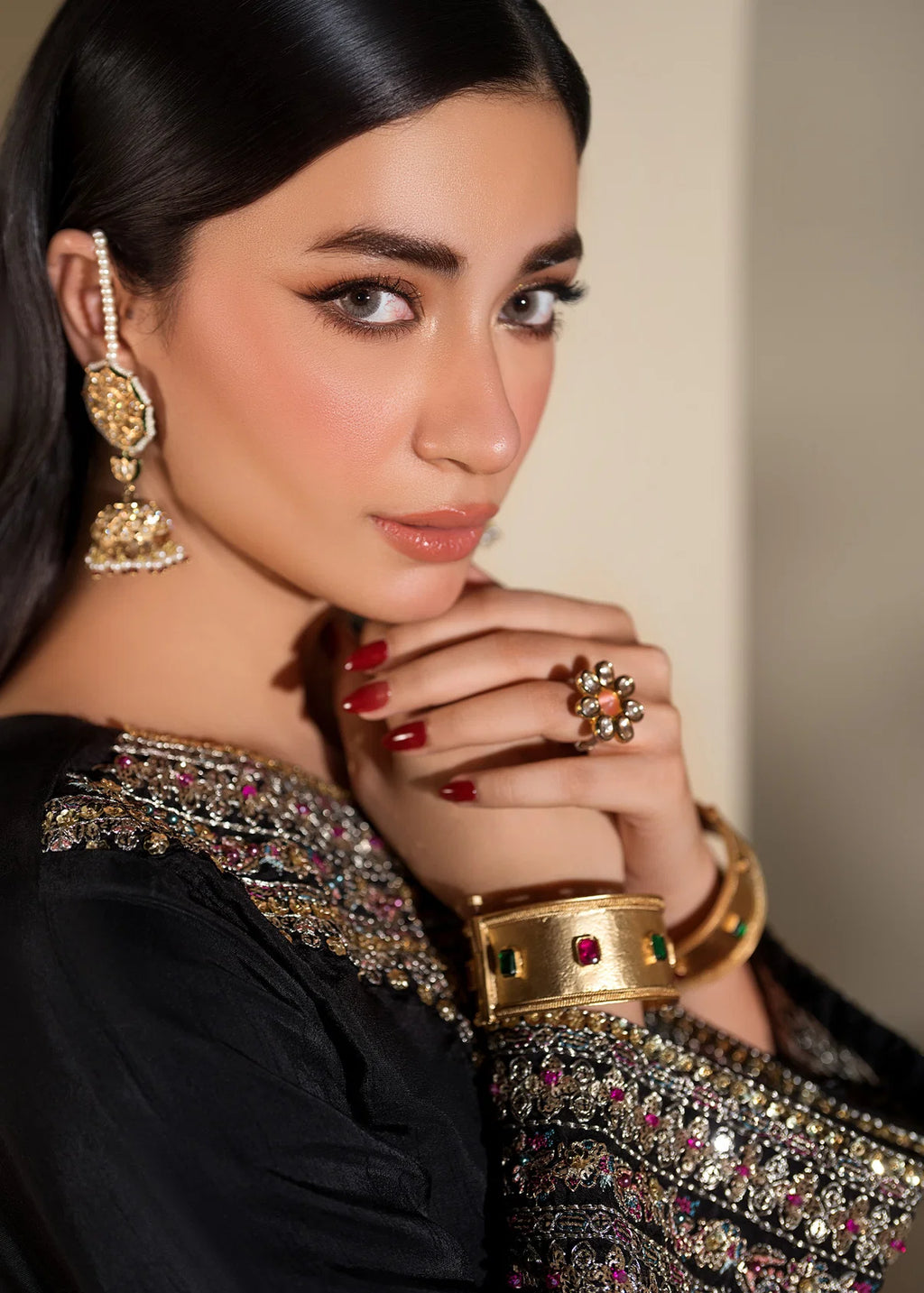 3 piece Black Short Shirt & Farshi Shalwar with Tie-Dye Medium Silk Dupatta – Heavy Embroidery & Embellished Ensemble