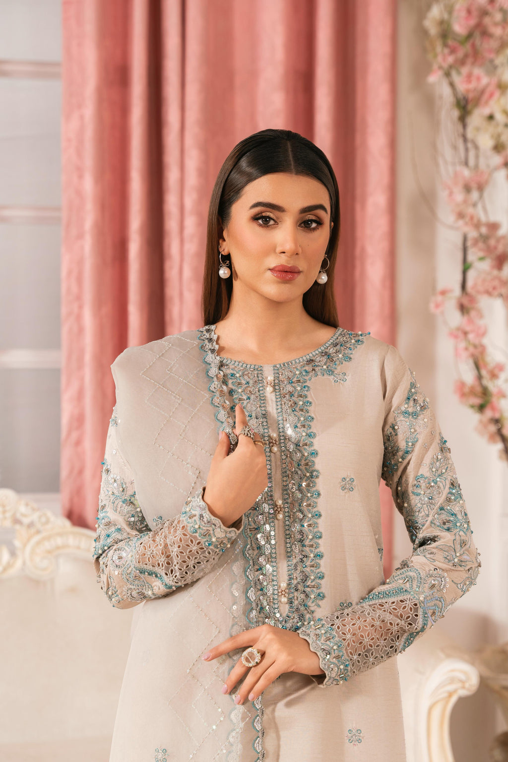 E481 Eid Collection Beige Raw Silk Long Kurta with Organza Dupatta – Heavy Adda Work 3 Piece Festive Suit