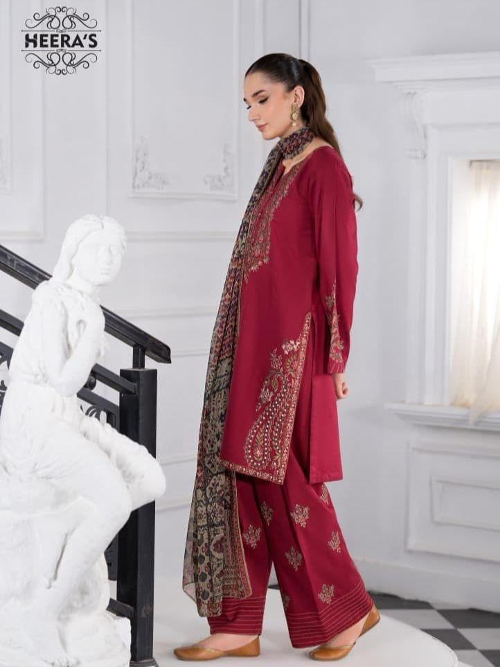 Heeras Deep Maroon 3 Piece Viscose Embroidered Suit with Farshi Shalwar and Chiffon Dupatta – Salenmore
