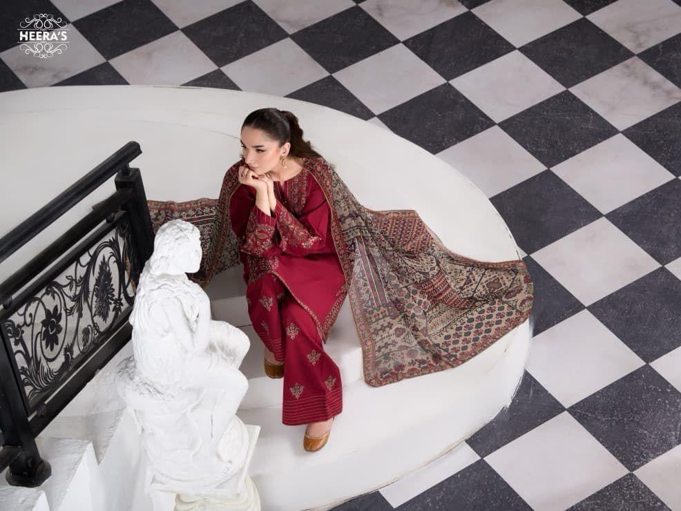 Heeras Deep Maroon 3 Piece Viscose Embroidered Suit with Farshi Shalwar and Chiffon Dupatta – Salenmore