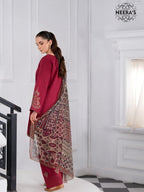 Heeras Deep Maroon 3 Piece Viscose Embroidered Suit with Farshi Shalwar and Chiffon Dupatta – Salenmore