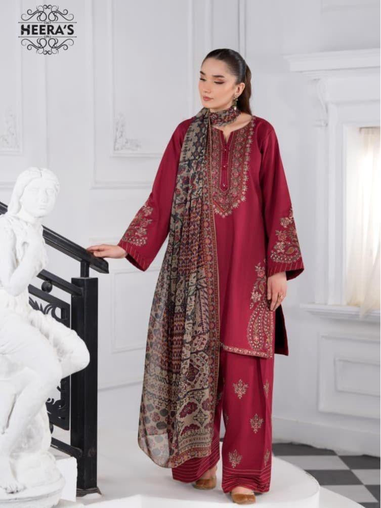 Heeras Deep Maroon 3 Piece Viscose Embroidered Suit with Farshi Shalwar and Chiffon Dupatta – Salenmore