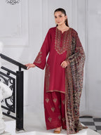 Heeras Deep Maroon 3 Piece Viscose Embroidered Suit with Farshi Shalwar and Chiffon Dupatta – Salenmore