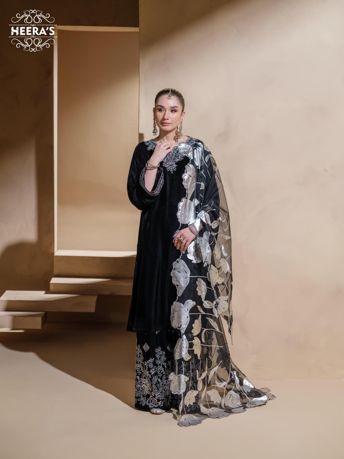 Heeras 3 Piece luxury velvet Women's sequence embroidered suit with cutwork style Organza foil print dupatta Plazo wide trouser