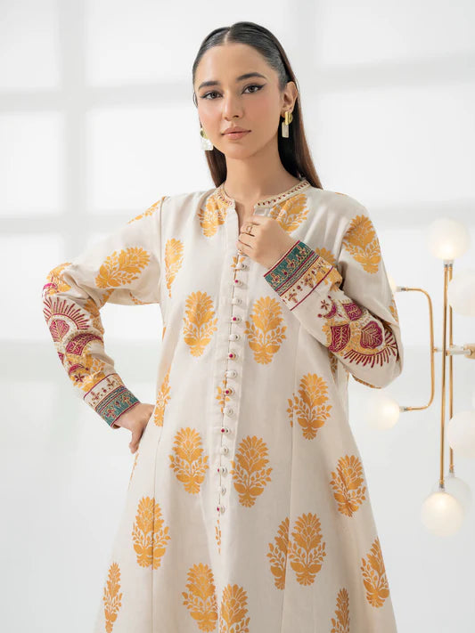 Limelight 2-Piece Slub Khaddar Printed Embroidered A-Line Suit – Wide Leg Trouser