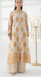 Woman wearing a cream-colored traditional outfit with gold patterns on a white background