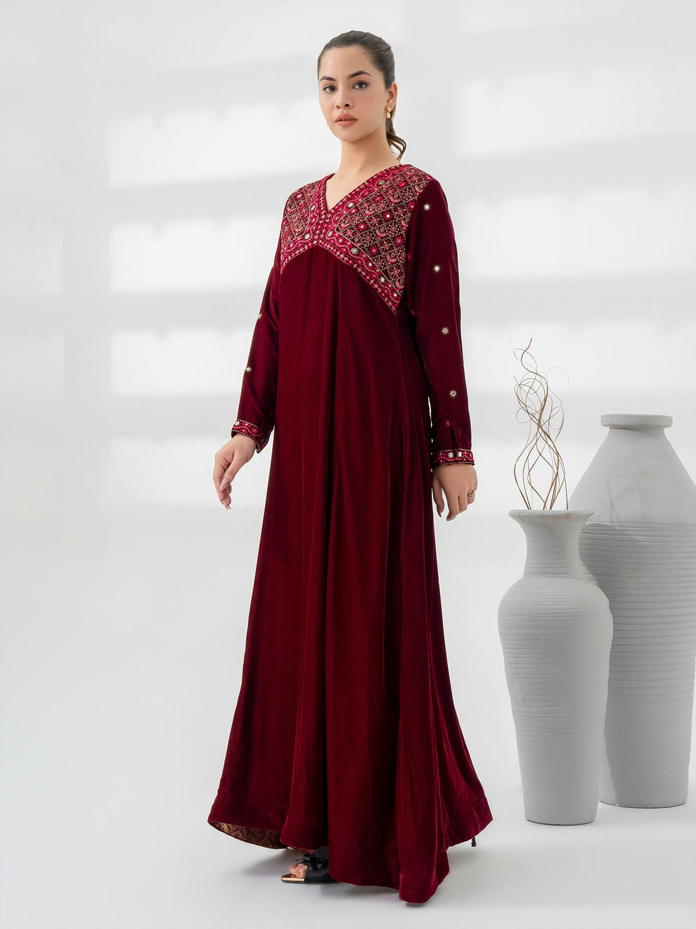 Limelight Maroon Velvet Embroidered Pishwas – Pakistani Wedding & Party Wear