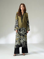 Olive printed silk long shirt with bead embellishment on the placket, front view.1
