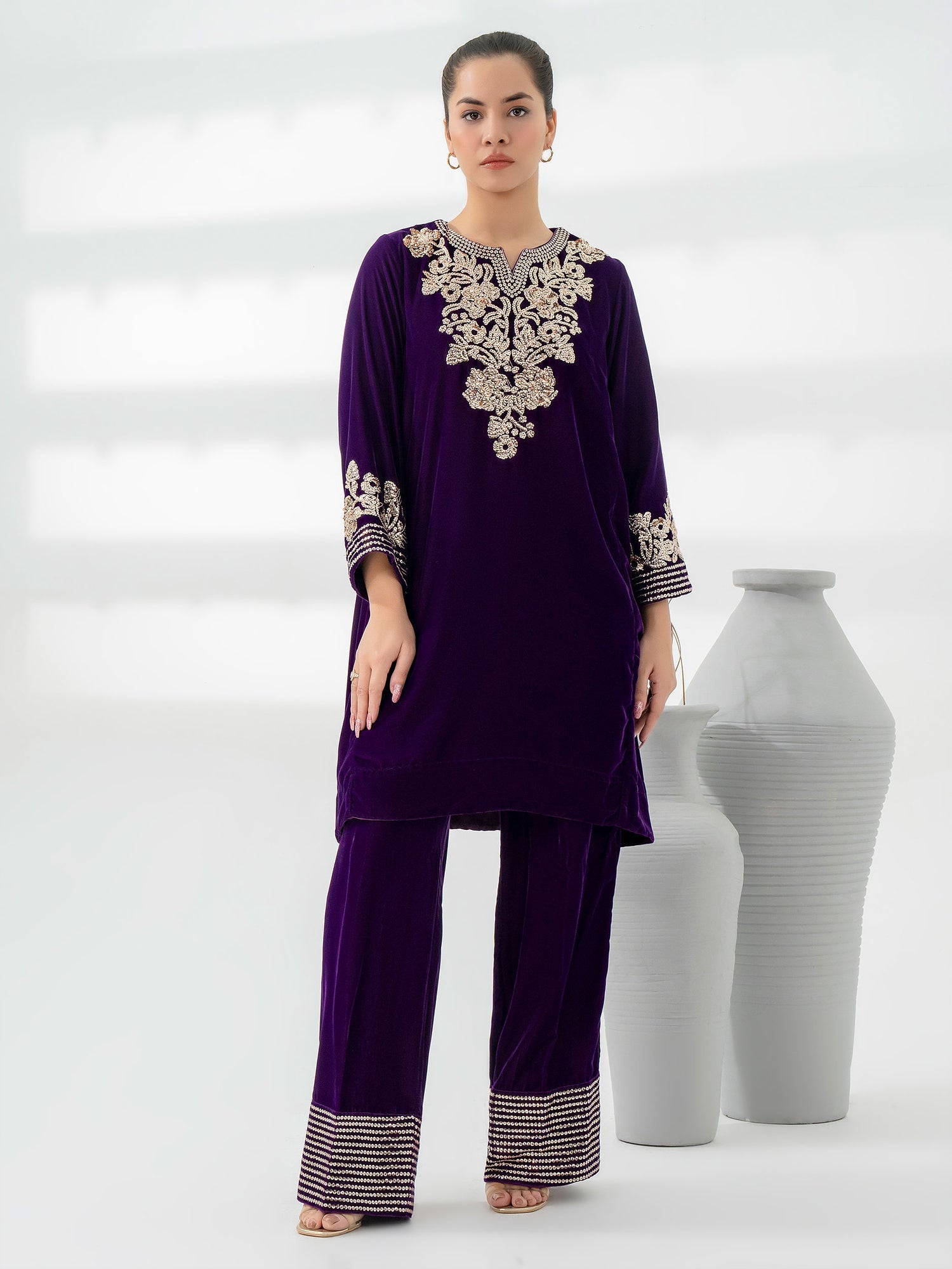 Limelight Velvet Purple Embroidered Shirt & Bootcut Trouser Set – Festive Luxury