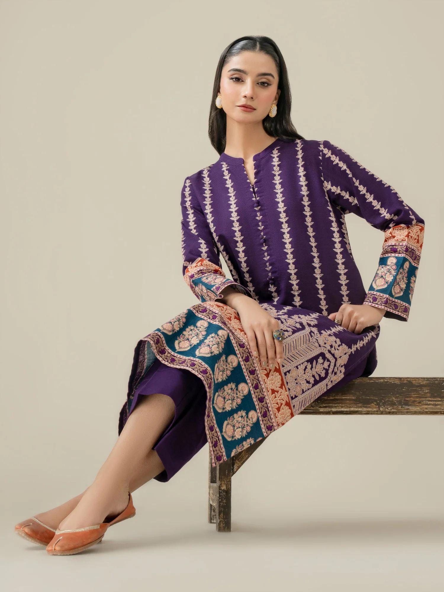 Purple gold paste print slub khaddar 2-piece suit – winter collection – Salenmore