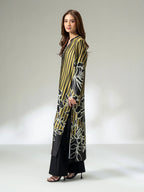 Olive printed silk long shirt with bead embellishment on the placket, side view