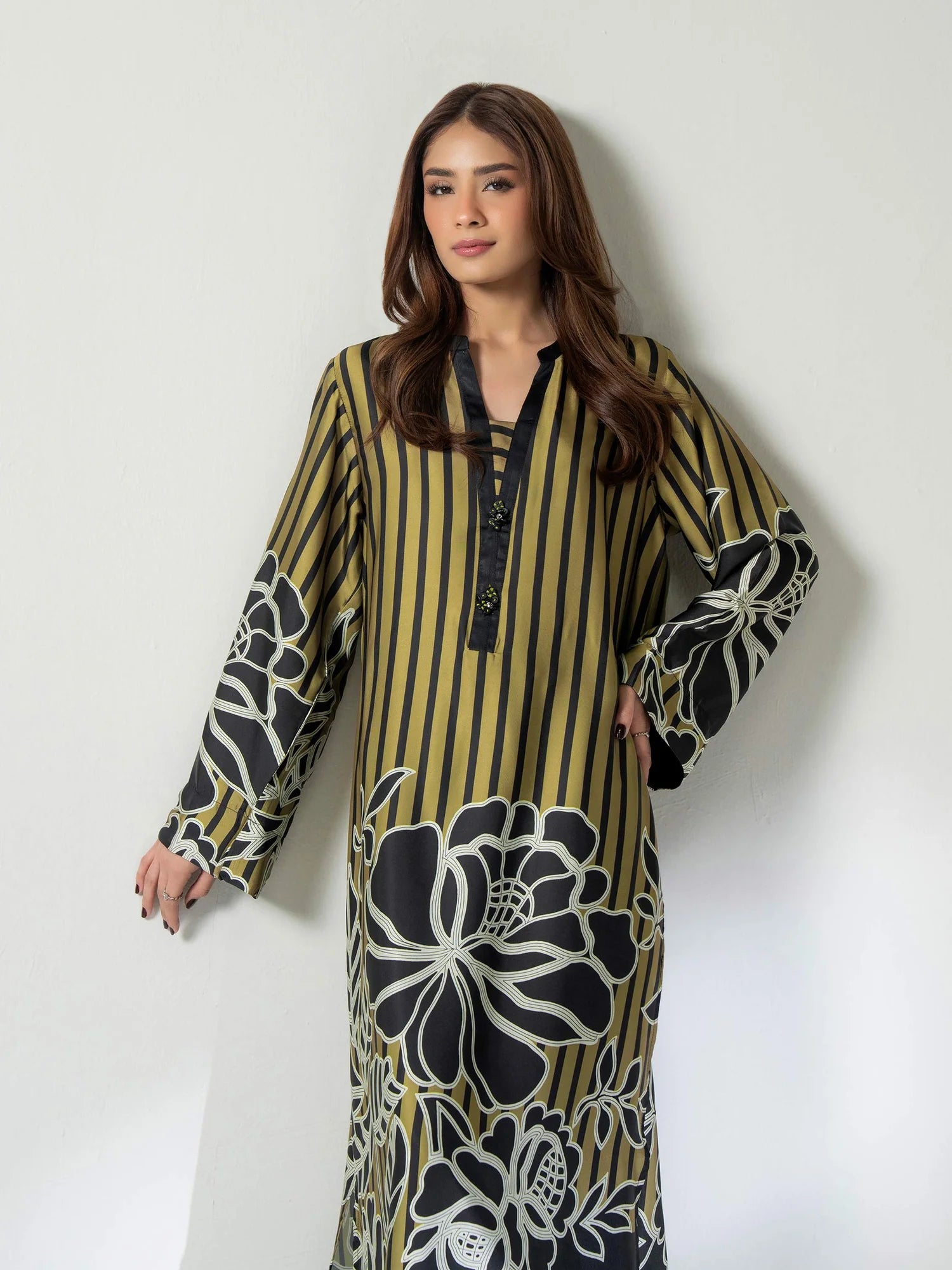 Olive printed silk long shirt with bead embellishment on the placket, front view3