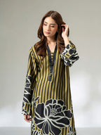 Olive printed silk long shirt with bead embellishment on the placket, front view 4